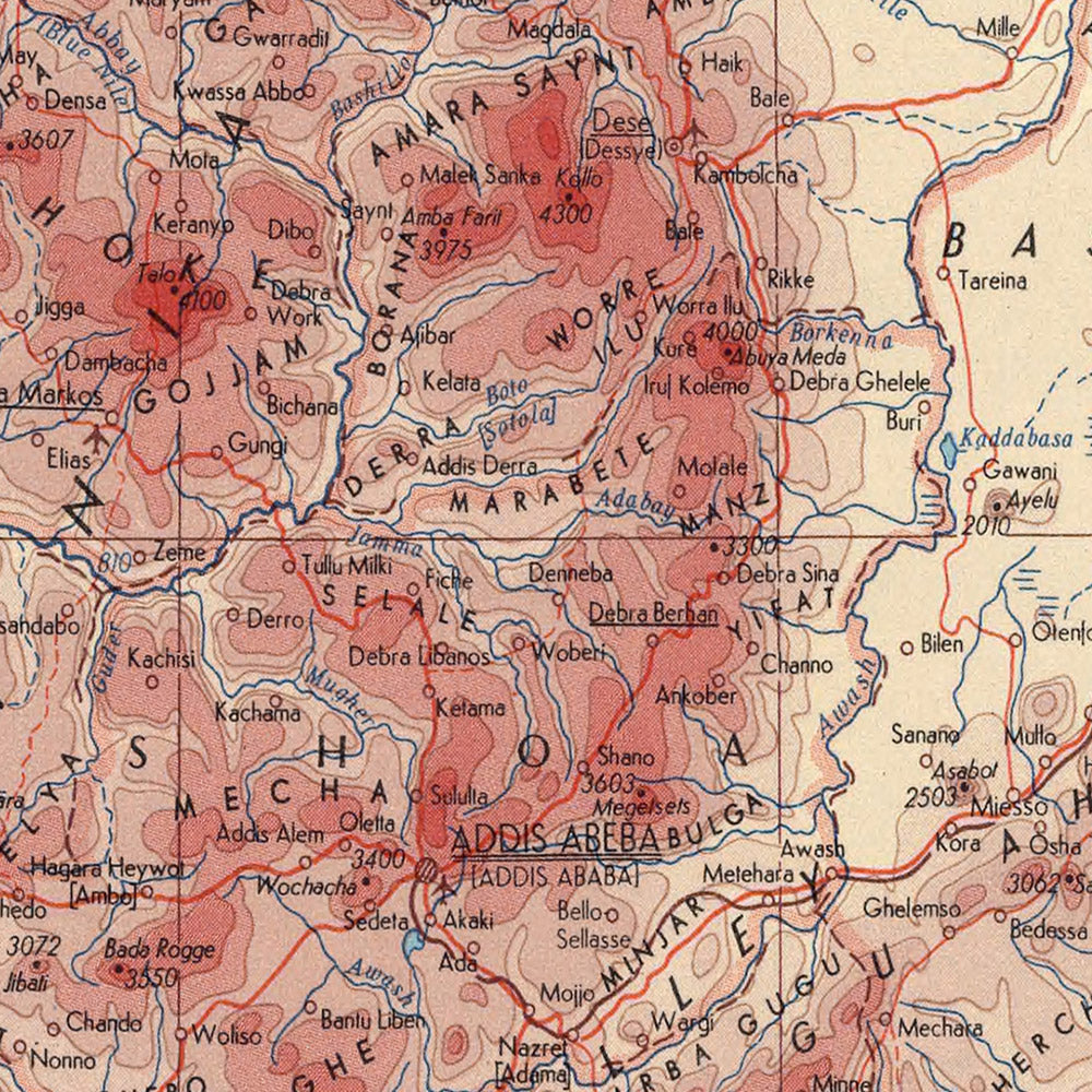Alte Karte von Äthiopien, 1967: Addis Abeba, Simien-Gebirge, Blauer Nil, äthiopischer Bürgerkrieg, detaillierte politische und physische Karte