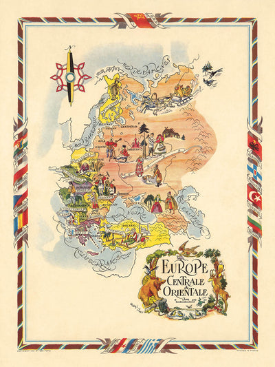 Mapa antiguo de Europa central y oriental de Liozu, 1951: relieve pictórico decorativo, posterior a la Segunda Guerra Mundial