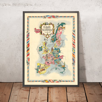 Alter bildlicher Karte von Westeuropa von Liozu, 1951: Nach dem Zweiten Weltkrieg, illustrierte Wahrzeichen, Kultur, Flaggen 