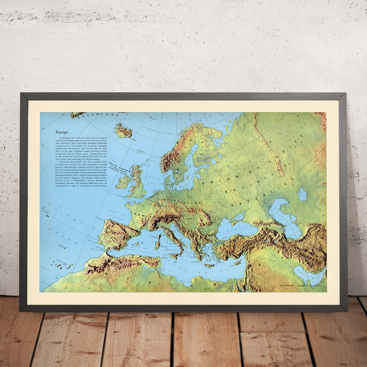Old Shadow Relief Map of Europe by Debenham, 1958: Detailed Physical Map, Political Boundaries, Mountain Ranges