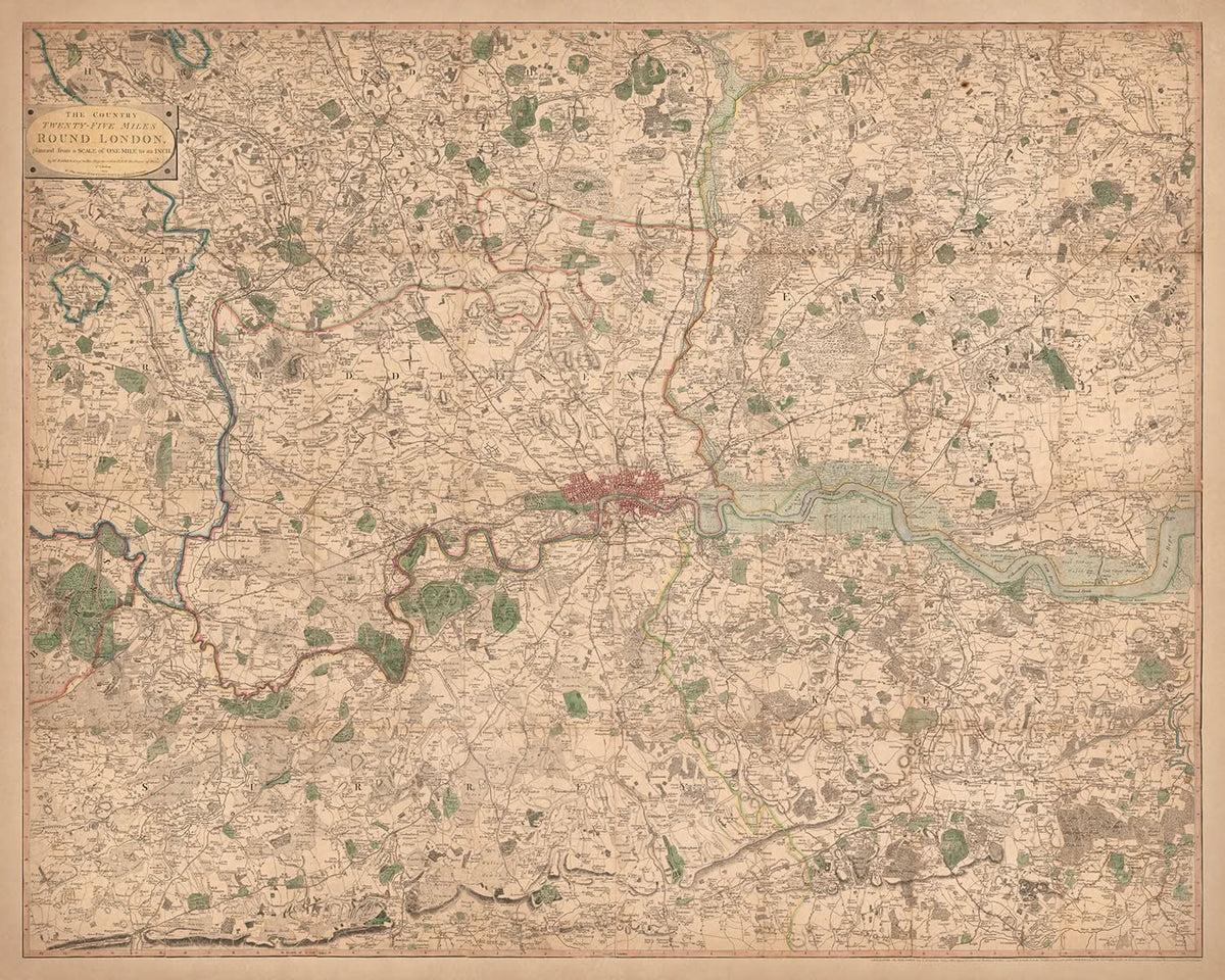 Antigua mapa de Londres y sus suburbios (25 millas) en 1790, por W. Faden - Kent, Sussex, Surrey, Essex, Middlesex, Hertfordshire 
