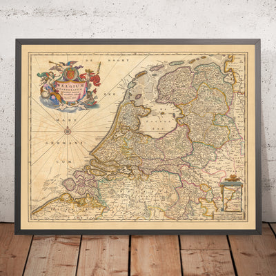 Old Map of Federated Belgium by Visscher, 1690: Amsterdam, Rotterdam, Antwerp, Düsseldorf, Ghent