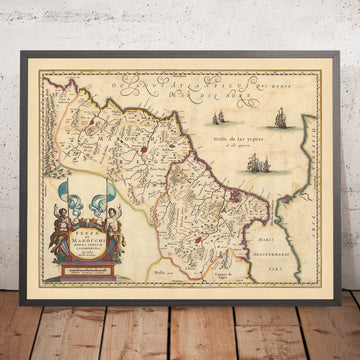 Mapa antiguo de los reinos de Fez y Marrakech, Marruecos por Visscher, 1690: Rabat, Casablanca, montañas del Atlas
