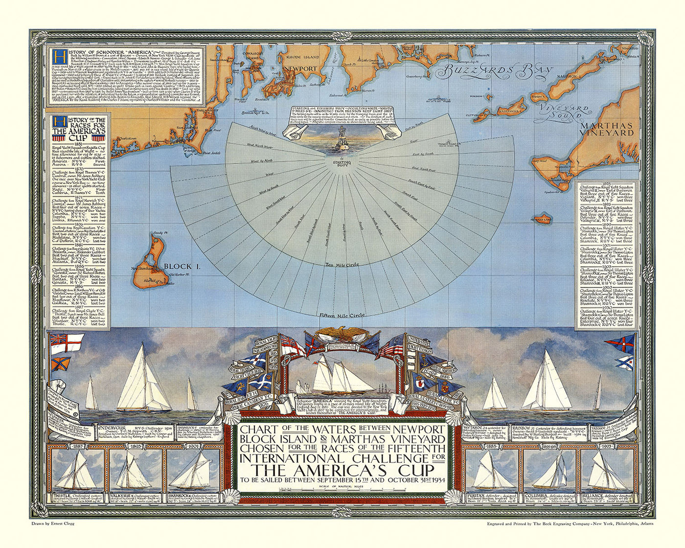 Carta náutica antigua de la America's Cup de Clegg, 1934: Newport, Martha's Vineyard, Endeavour contra Rainbow