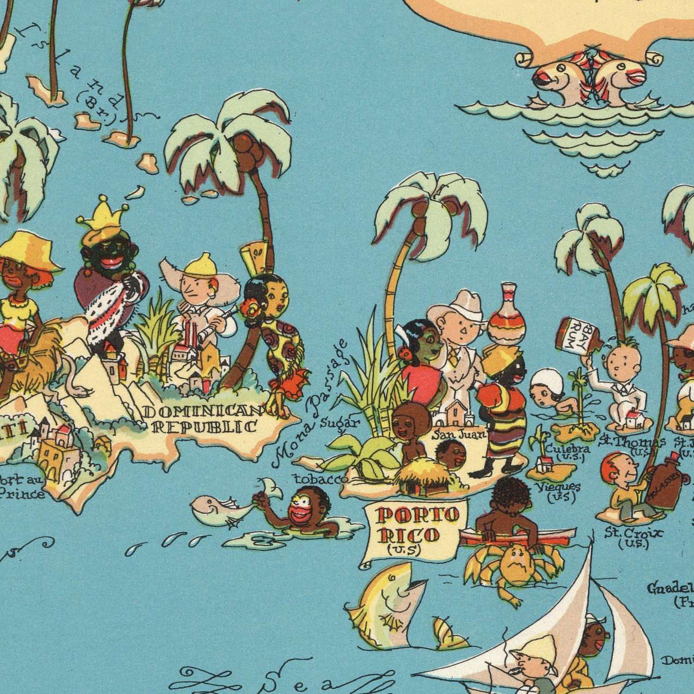 Pictorial Map of Caribbean & Central America by Ruth Taylor White, 1935: Panama Canal, Puerto Rico, Havana, San Juan, Santo Domingo
