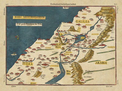 Alte Karte von Israel von Bunting, 1581: Jerusalem, Jordan, Totes Meer, Berg Karmel, Seeungeheuer