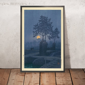 Ein gerahmtes Bild von „Full Moon at Gamo“ von Hasui Kawase, 1935