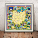 Old Pictorial Map of Ohio by Brink, 1940: Lake Erie, Perry's Victory, Ohio & Erie Canal, National Road US 40, Cleveland