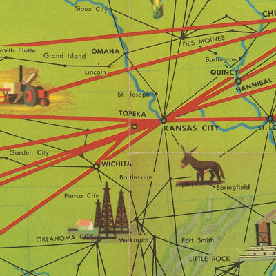 Ancienne carte illustrée des États-Unis, 1948 : NYC, LA, Chicago, itinéraires TWA, points de repère