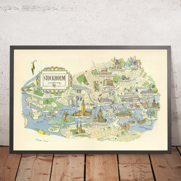 Antiguo mapa pictórico de Estocolmo de Liozu, 1952: Gamla Stan, Palacio Real, Ayuntamiento, Norrmalm, Södermalm 