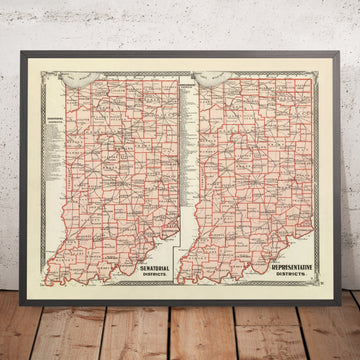 Alte politische Karte von Indiana von Andreas, 1876: Indianapolis, Fort Wayne, Evansville, South Bend, Wabash- und Ohio-Flüsse 