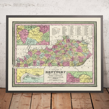 Carte ancienne du Kentucky par Mitchell, 1855 : Louisville, Lexington, fleuve Ohio, chemins de fer, routes des bateaux à vapeur 
