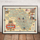 Ancienne carte illustrée du West Riding of Yorkshire par Clegg, 1946 : Leeds, Bradford, Rivers, citations de Churchill, armoiries