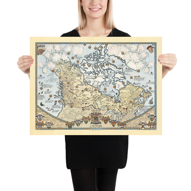 Mappa Pittorica Antica del Canada di Furse, 1964: Rocky Mountains, Grandi Laghi, Montreal, Baia di Hudson, Fauna 