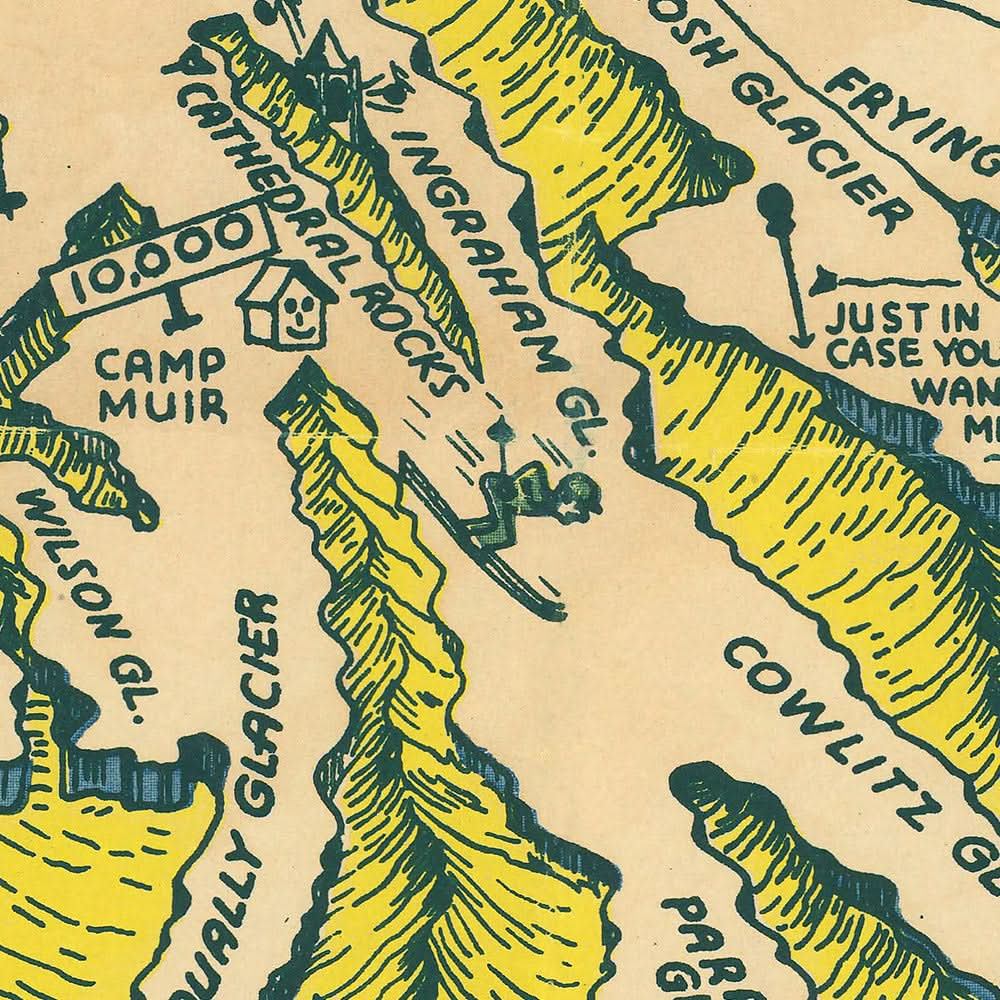 Ancienne carte illustrée du parc national du mont Rainier par les frères Lindgren, 1940 : Columbia Crest, Paradise Inn, Wonderland Trail, Reflection Lake, Longmire.