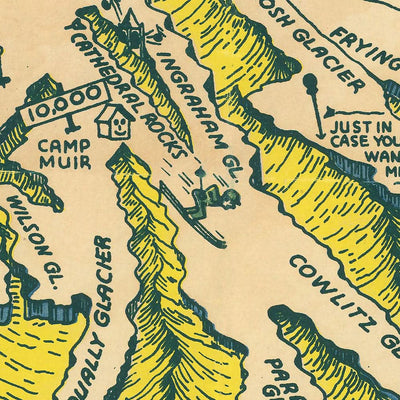 Ancienne carte illustrée du parc national du mont Rainier par les frères Lindgren, 1940 : Columbia Crest, Paradise Inn, Wonderland Trail, Reflection Lake, Longmire.