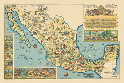 Alte Bildkarte von Mexiko von Fischgrund, 1950: Mexiko-Stadt, Pico de Orizaba, Pazifischer Ozean, Golf von Mexiko, kulturelle Illustrationen