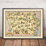 Pictorial Map of Iowa by Ruth Taylor White, 1935: Des Moines, Cedar Rapids, Davenport, Corn Farming, Mississippi River