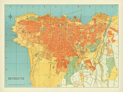 Plano de la ciudad antigua de Beirut, 1949: Hotel Normandy, Hipódromo, Bosque de pinos, Puerto de Beirut, Líneas de ferrocarril