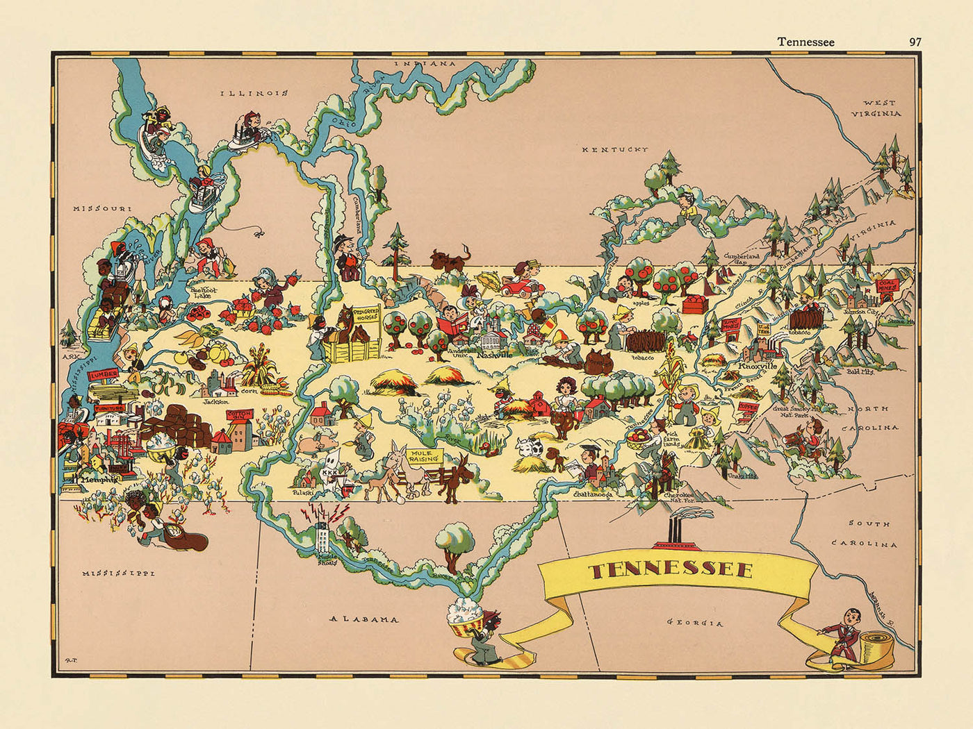 Pictorial Map of Tennessee by Ruth Taylor White, 1935: Memphis, Nashville, Smoky Mountains, Mississippi & Tennessee Rivers, Musical Heritage