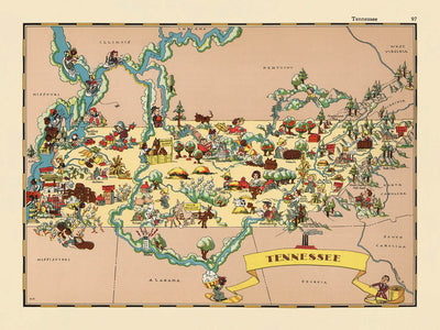 Pictorial Map of Tennessee by Ruth Taylor White, 1935: Memphis, Nashville, Smoky Mountains, Mississippi & Tennessee Rivers, Musical Heritage