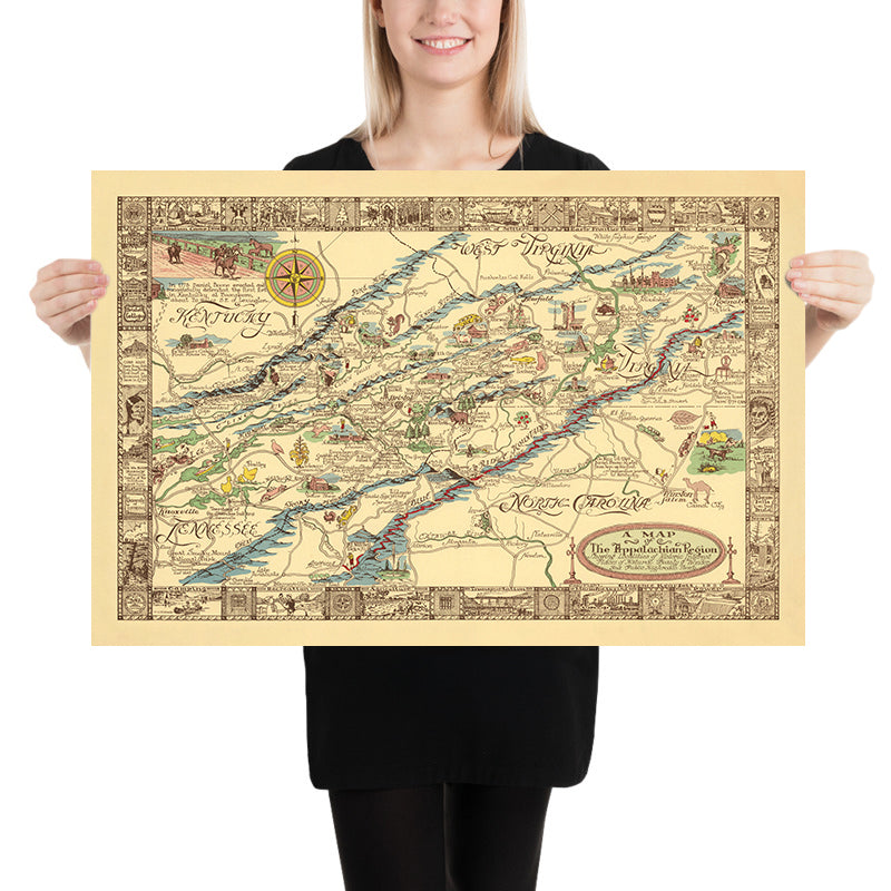 Old Map of the Appalachian Region by Kearfott, 1950: Appalachian Trail, Cumberland Gap, Great Smoky Mountains, Winston Salem