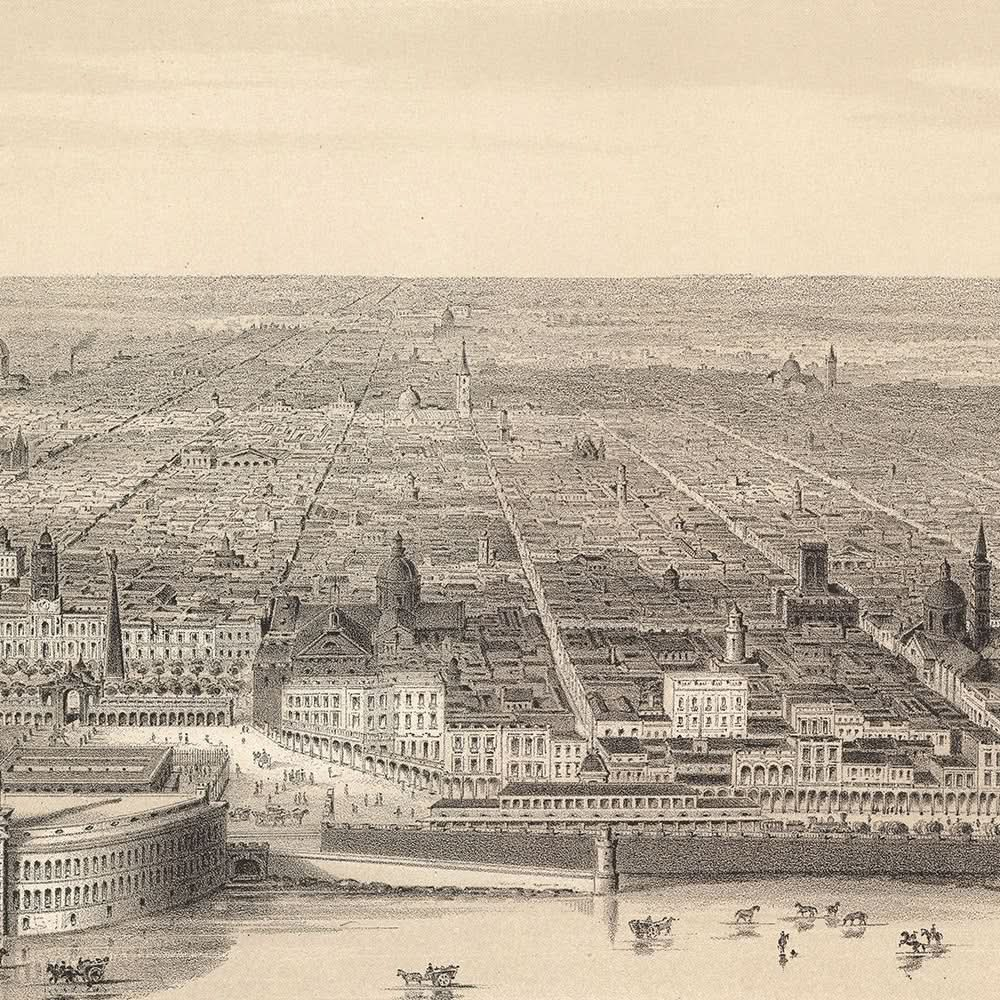 Alte Vogelperspektivkarte von Buenos Aires von Dulin, 1880: Casa Rosada, Puerto Madero, Correo Central, Gabildo, Rio de la Plata 