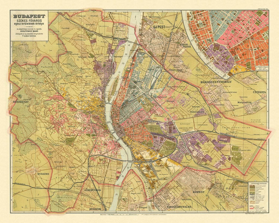 Vecchia mappa di Budapest di Kogutowicz, 1907: Andrássy út, Erzsébet körút, fiume Danubio, ferrovie, parchi 