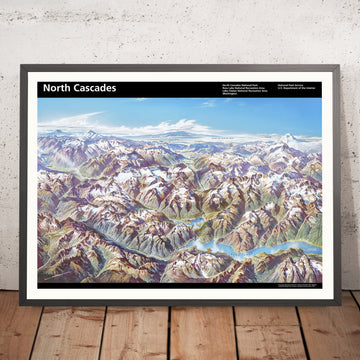 Ancienne carte à vol d’oiseau du parc national des North Cascades par Berann, 1989 : Mount Baker, Glacier Peak, lac Ross 