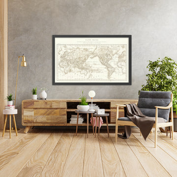 Old French World Map of Ocean Basins, 1826: Mémorial topographique et militaire; basin-based hydrography; polar Océan Glacial rings