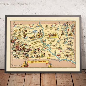 Mappa pittorica del Dakota del Sud di Ruth Taylor White, 1935: Sioux Falls, Black Hills, Monte Rushmore, Fiume Missouri, Badlands 