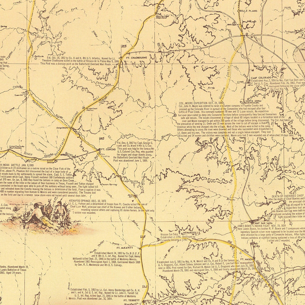 Very Large Map of Texas by Hoffman & Walker, 1965: Historical, Alamo, Galveston, Chisholm Trail, Spanish Explorers