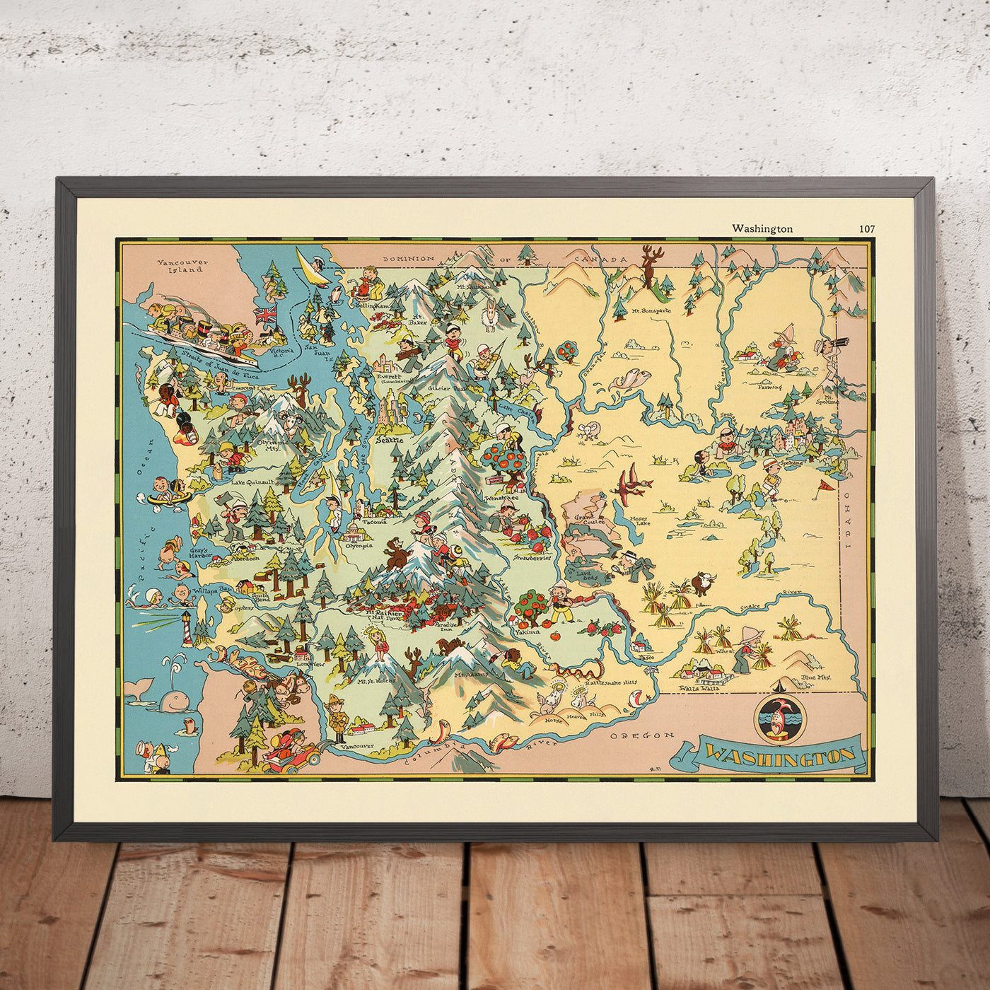 Pictorial Map of Washington State by Ruth Taylor White, 1935: Seattle, Mount Rainier, Columbia River, Olympic Mountains, Grand Coulee Dam