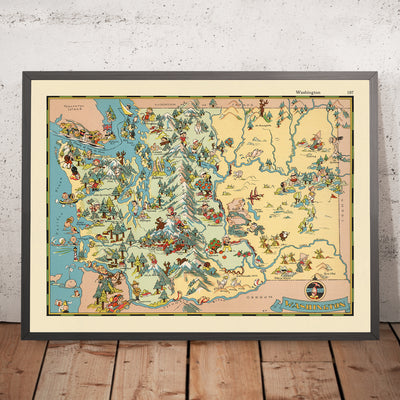 Pictorial Map of Washington State by Ruth Taylor White, 1935: Seattle, Mount Rainier, Columbia River, Olympic Mountains, Grand Coulee Dam