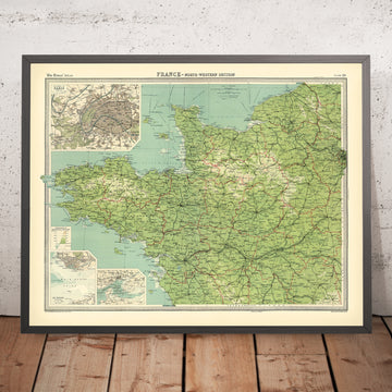 Ancienne carte du nord-ouest de la France par Bartholomew, 1922 : Paris, Nantes, Bretagne, Normandie, Seine, routes maritimes 