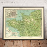 Ancienne carte du nord-ouest de la France par Bartholomew, 1922 : Paris, Nantes, Bretagne, Normandie, Seine, routes maritimes 
