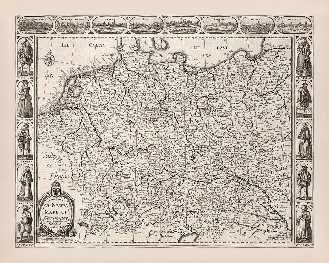 Alte Deutschlandkarte von Speed, 1626: Berlin, Hamburg, München, Nordsee, Ostsee