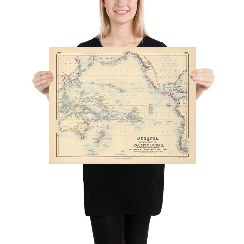 Ancienne carte du Rim Pacifique par Fullarton, 1872 : Polynésie, Australie, Nouvelle-Zélande, Amériques 