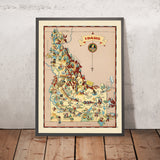 Mappa pittorica dell'Idaho di Ruth Taylor White, 1935: Boise, Fiume Snake, Miniere, Silvicoltura, Agricoltura, Confini delle contee 