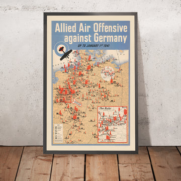 Alte militärische Karte des Zweiten Weltkriegs zum alliierten Luftoffensiv gegen Deutschland, 1941: Berlin, Hamburg, München, Rhein und Elbe, Ruhr-Inset 