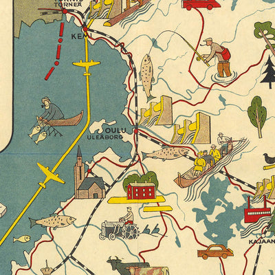 Old Pictorial Map of Finland, 1949: Helsinki, Turku, Lakes, Wildlife, Railroads