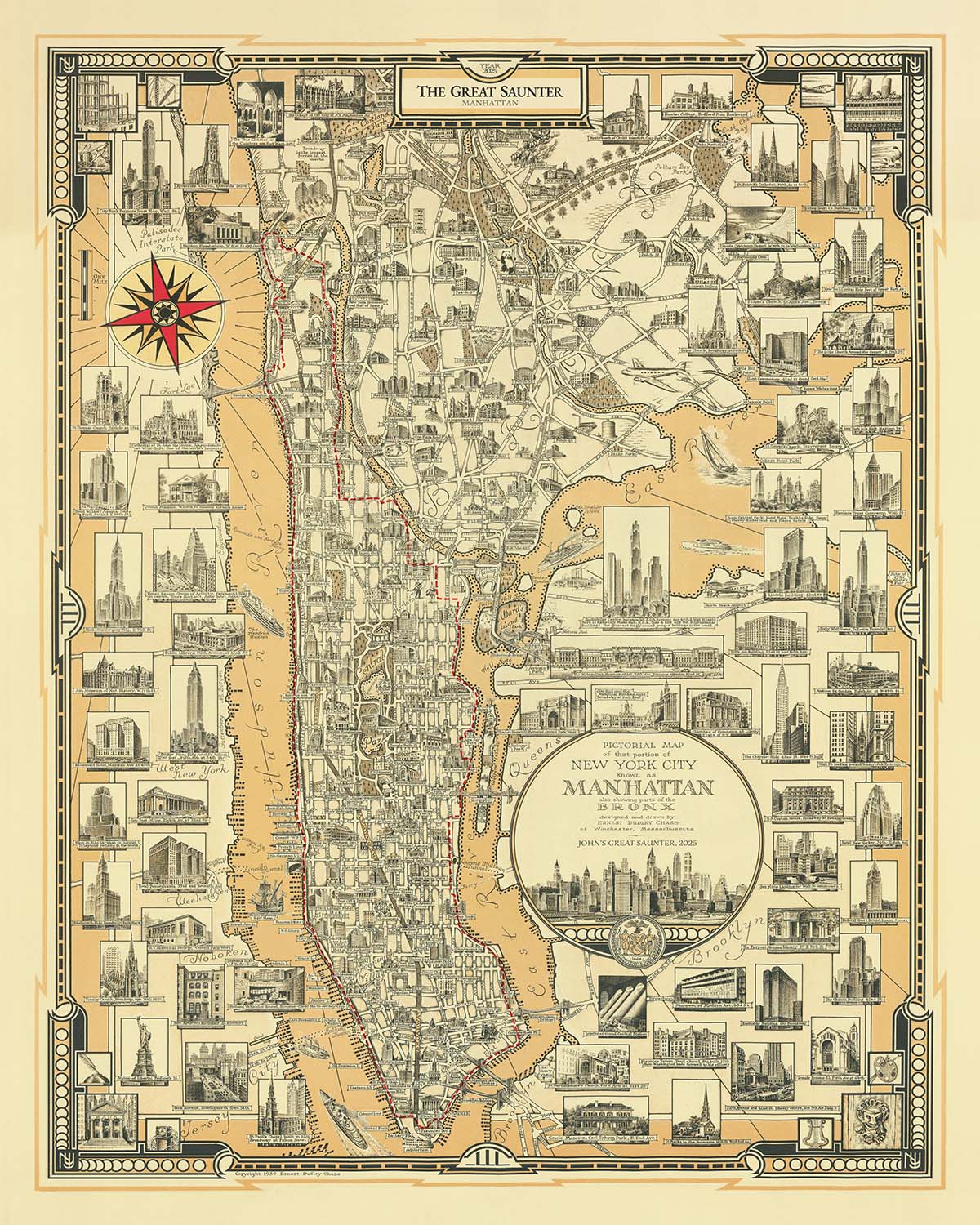 Manhattan: The Great Saunter, Route Map by The Unique Maps Co. and Chase, 1939: Personalisable, Central Park, Statue of Liberty, Empire State Building, Harlem