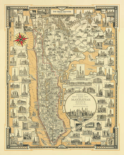 Manhattan: The Great Saunter, Route Map by The Unique Maps Co. and Chase, 1939: Personalisable, Central Park, Statue of Liberty, Empire State Building, Harlem