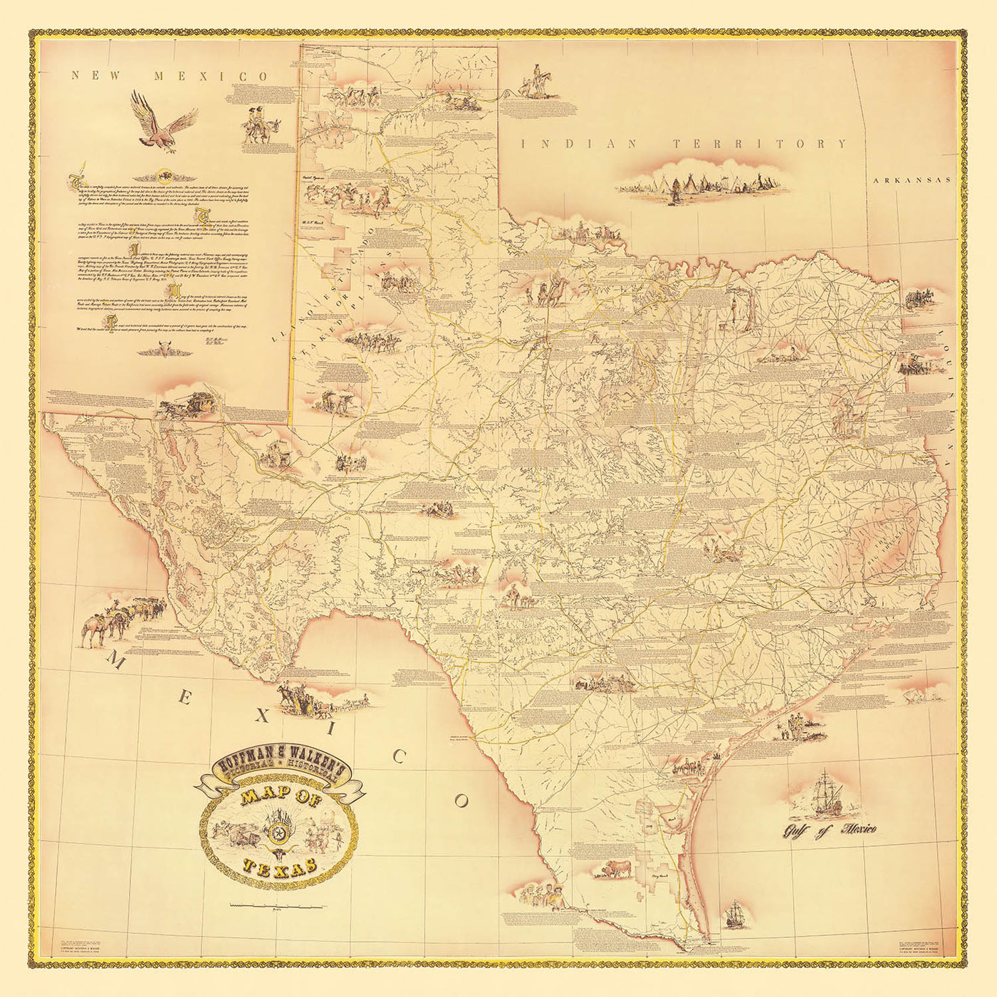 Very Large Map of Texas by Hoffman & Walker, 1965: Historical, Alamo, Galveston, Chisholm Trail, Spanish Explorers