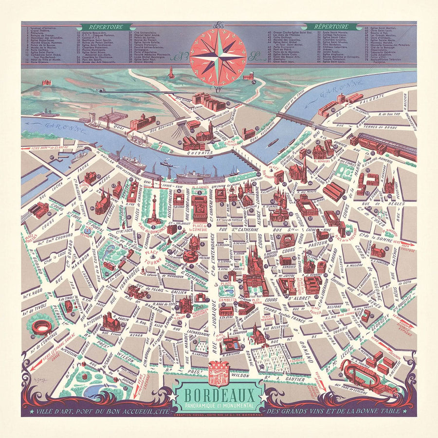 Vecchia mappa di Bordeaux, 1950: Place de la Comédie, Quinconces, Grand Théâtre, Pont de Pierre, Parc Bordelais 