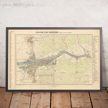 Mappa della città vecchia di Heidelberg di Rübsamen, 1907: Castello, fiume Neckar, Neuenheim, Bergheim, Philosophenweg 