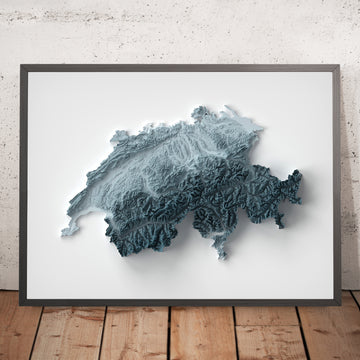 Una imagen enmarcada de un mapa topográfico en relieve en estilo 3D de Suiza