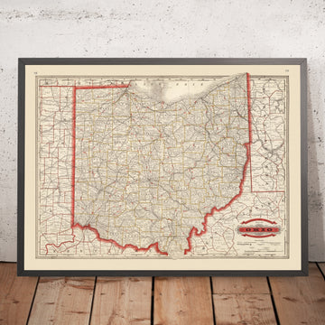 Alte County-Karte von Ohio von Cram, 1882: Eisenbahn, Columbus, Cleveland, Cincinnati, Toledo, Akron 