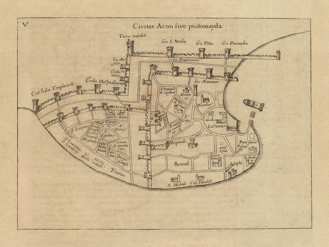 Carte ancienne d'Acre par Vesconte, 1611 : Templiers, Hospitaliers, Portus Pisani, Tours, Églises