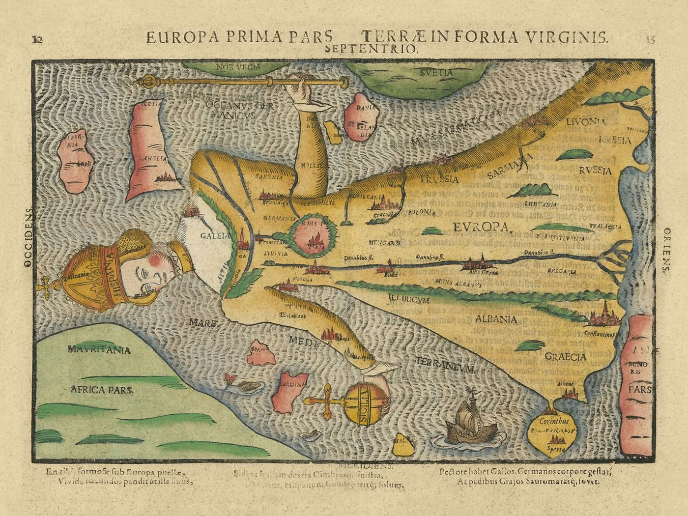 Alte Karte von Europa als Königin von Bunting, 1616: Anthropomorphes Design, Habsburger Symbolik, historische Allegorie